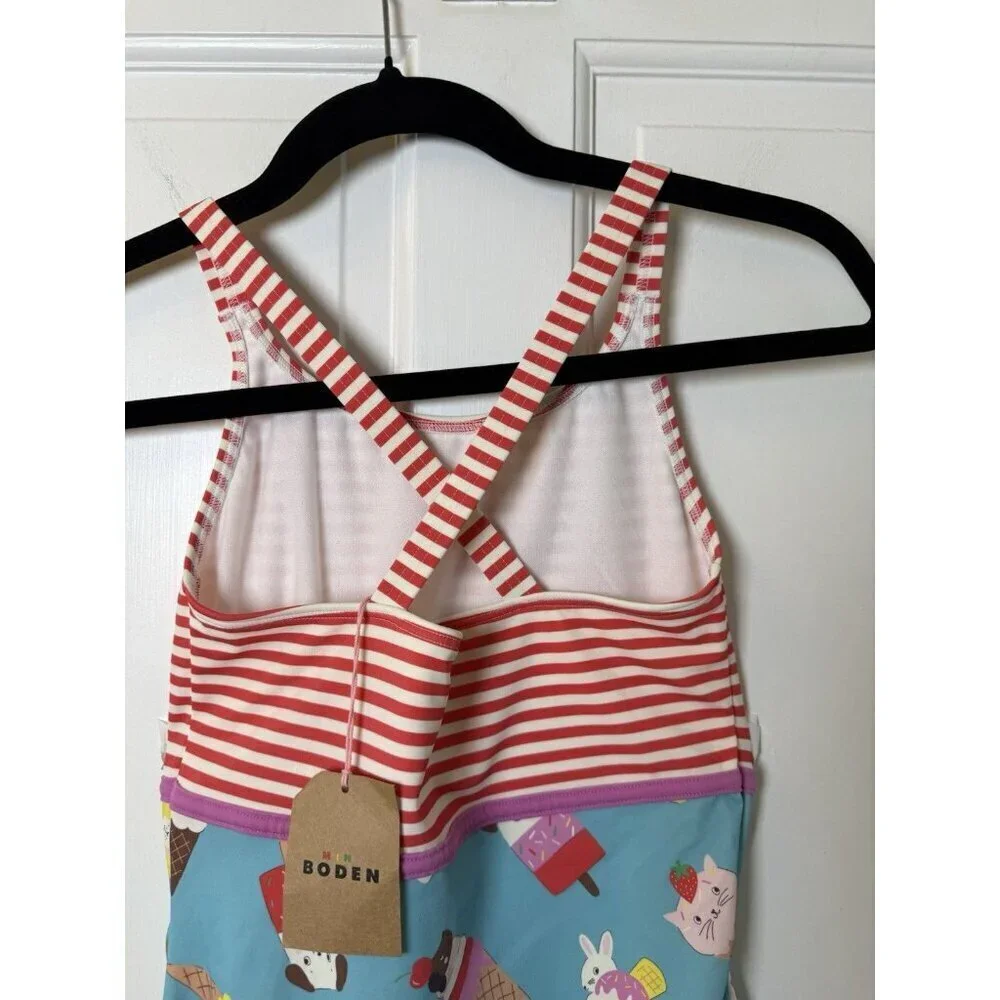 Mini Boden Hotchpotch Girls Swimsuit Stripes Ice Cream Animals Size 11-12Y NWT